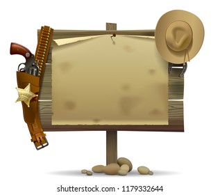 Wild West wood signboard with a sheet and cowboy accessories isolated on white. Wild West relay retro poster. Vector illustration - Shutterstock ID 1179332644