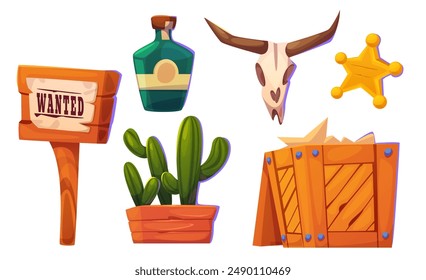 Wild west wooden sign and old bull skull cartoon. Western cowboy game element for Texas desert with saloon. Criminal wanted signboard with wood texture. Notice billboard, cacti and bottle set