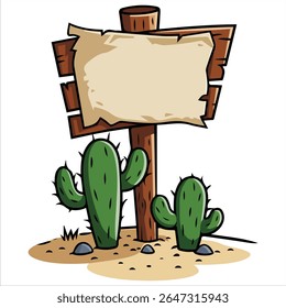 Wild west wooden signpost with desert cactus