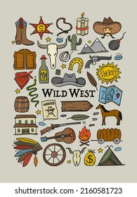 Wild Western. Adventure Background. Icons collection for your design