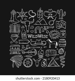 Wild Western. Adventure Background. Icons collection for your design