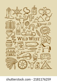 Wild Western. Adventure Background. Icons collection for your design