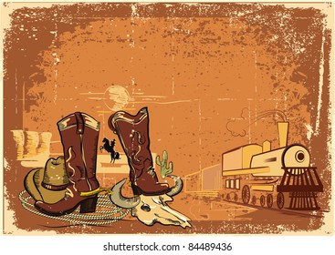 wild western background with locomotive on old paper texture.