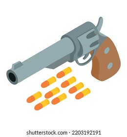 Isometrische Vektorgrafik des wilden Westens. Realistischer Retro-Revolver und Flugkugel. Wildes Westsymbol