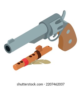 Wild western icon isometric vector. Realistic retro revolver and flute of indian. American west concept