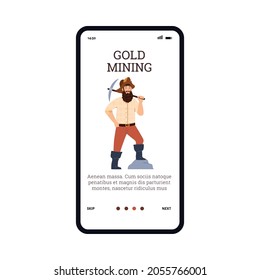 Hombre occidental salvaje con barba y medallón de oro, diseño de interfaz de usuario ilustración plana vectorial. Plantilla de sitio web con el carácter prospector cavando oro.
