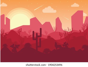 Wild Western Texas Desert Sunset With Mountains And Cactus In Flat Cartoon Style. Vector Illustration Of Sunset Desert Landscape.