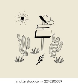 Wild westworld concept. Desert landscape. Illustration with sign boards road, cowboy hat, cactus, bush, sun and snake. Isolated vector design