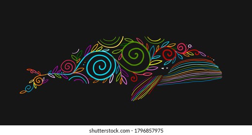 Wild Whale with Floral Ornaments. Colorful Art Sketch for your design. Vector illustration