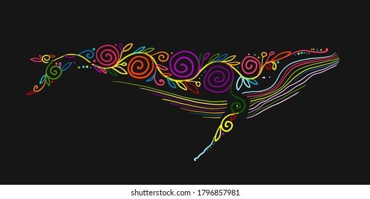 Wild Whale with Floral Ornaments. Colorful Art Sketch for your design. Vector illustration