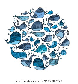 Wild whales. Childish style circle frame for your design