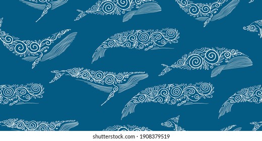 Wild Whales with Ethnic Ornaments. Seamless Pattern for your design. Vector illustration