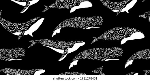 Wild Whales with Ethnic Ornaments. Seamless Pattern for your design. Vector illustration