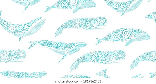 Wild Whales with Ethnic Ornaments. Seamless Pattern for your design. Vector illustration