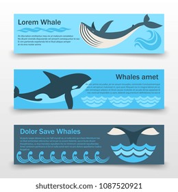 Wild whales horizontal banners or poster template isolated. Vector illustration