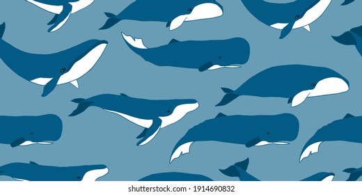 Wild Whales. Seamless Pattern for your design. Vector illustration