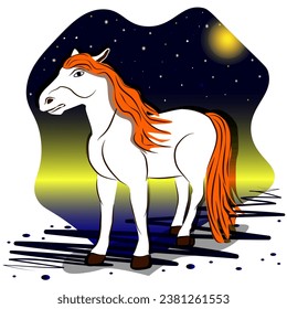 wild white horse loves to run under the starry night sky because he is fascinated by the moonlight