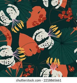 Wild white lilies and red leaves on a dark green background. Beautiful vector illustrated flowers and greenery. Seamless texture perfect for wrapping paper, web, textile, clothes, stationery.