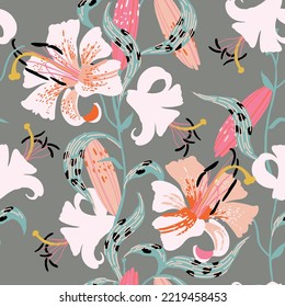 Wild white and pink lilies on grey. Elegant exotic flower pattern. Seamless vector texture. Large lilies and teal foliage on grey. Great for textile, fabric, stationery, wallpapers and wrapping.