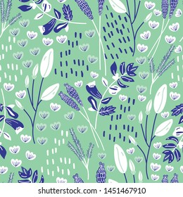 wild white-blue flowers vector seamless pattern with green background. Great for wallpaper,backgrounds,gifts,surface pattern design,packaging design projects, stationary,fabric