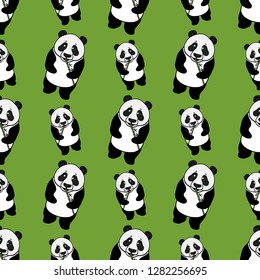 Wild whole Panda eating bamboo seamless pattern. Vector hand drawn illustration on green background. Surface design