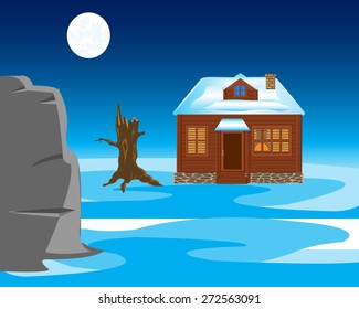 Wild winter landscape with solitary by house and snow