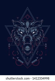 wild wold head with sacred geometry pattern