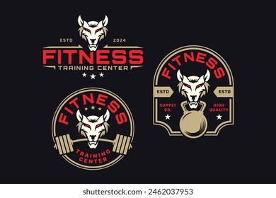 wild wolf with barbell and kettlebell logo design for fitness, gym, bodybuilding, weightlifting club