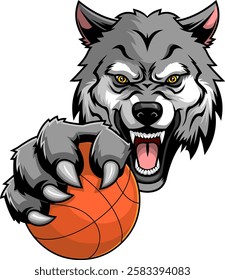 Wild Wolf Clawing Basketball Sports Mascot Logo Design. Vector Hand Drawn Illustration Isolated On Transparent Background