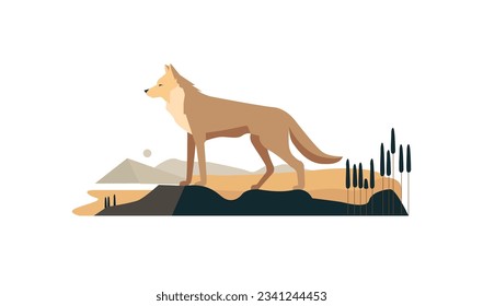 Wild wolf, a dog, stands in the wild. The concept of a predatory animal, protected parks, zoos. A dangerous animal. Flat illustration.