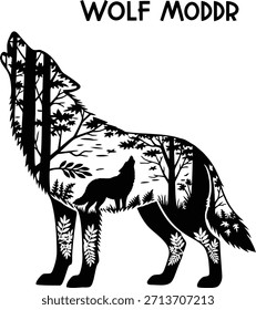 Wild wolf double exposure illustration for nature logo design, forest animal badge, mountain landscape emblem and isolated on transparent wildlife graphic sketch