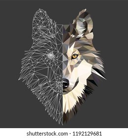 Wild wolf face on grey background, low poly triangular and wireframe vector illustration EPS 10 isolated.  Polygonal style trendy modern logo design. Suitable for printing on a t-shirt.