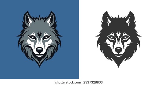 Wild wolf furry muzzle head portrait black sketch and color set logo for t shirt print vector flat illustration. Beast carnivorous wildlife nature animal minimal icon emblem for hunting predator