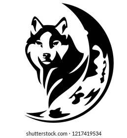 wild wolf head and crescent moon black vector design