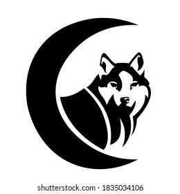 wild wolf head and crescent moon black vector design