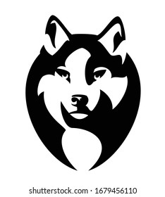 wild wolf head portrait - animal looking forward fool face black and white vector outline