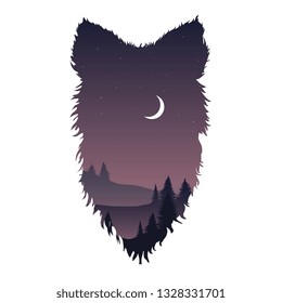 Wild wolf head silhouette with night landscape trees and moon inside isolated vector illustration