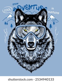 Wild wolf head in ski goggles. Winter print t shirt. Vector illustration.