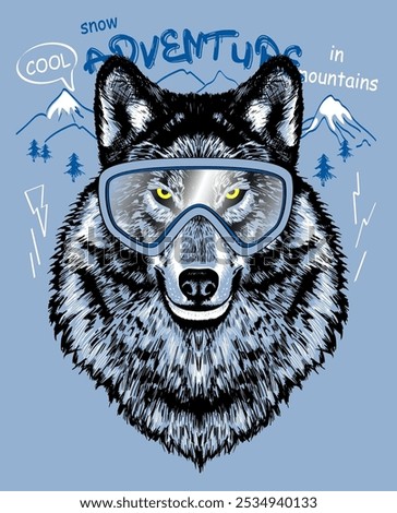 Wild wolf head in ski goggles. Winter print t shirt. Vector illustration.