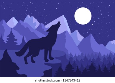 Wild Wolf Howling On The Hillside near forest and mountains. Outdoor nighr landscape and panorama with moon. Vector