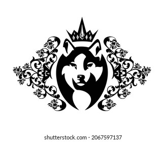 wild wolf king wearing royal crown among rose flowers heraldic decor - black and white vector coat of arms design