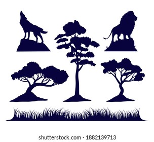 wild wolf and lion with trees fauna silhouettes vector illustration design
