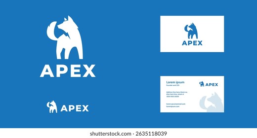 Wild wolf logo with thunder or bolt mark on his neck as negative space style. Modern and simple animal design style. Business card stationery design template.