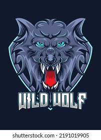 Wild Wolf mascot with shield for e-sport gaming logo vector design