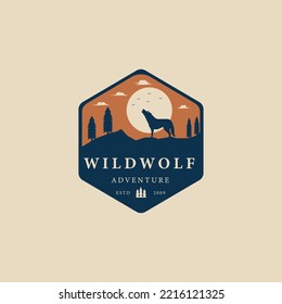 wild wolf moon and pine tree vintage logo with emblem vector illustration design