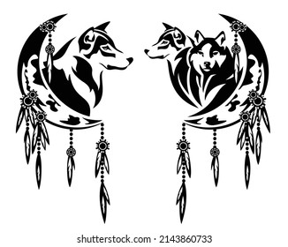 wild wolf pack and crescent moon - tribal style feathered dream catcher with animal head outline black and white vector design set