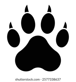 Wild wolf paw print vector icon. Animal track design for wildlife, nature, and outdoor projects. Black silhouette isolated on white background.