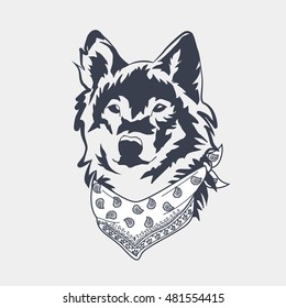 Wild wolf portrait with neckerchief. Dog with bandana. American style. Vector illustration.