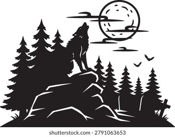 Wild wolf silhouette howling on rock with moon. Dark pine woods. Cemetery tombstones. Night sky.