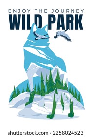 Silhouette de lobo salvaje con fondo de bosque de montaña. Aves voladoras. Aislado sobre fondo blanco. Fauna del parque nacional. Ilustración plana del vector